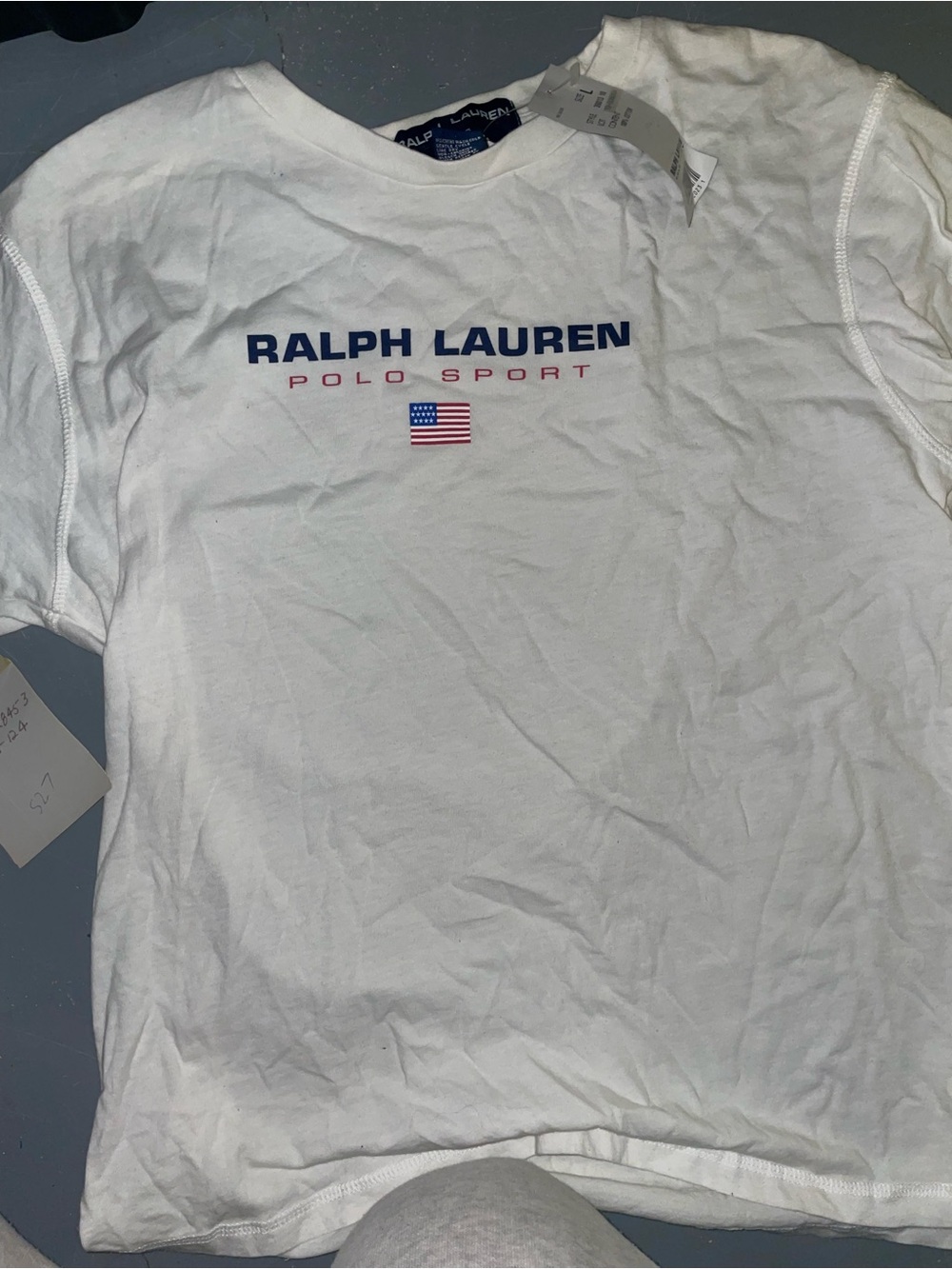 NWT Ralph Lauren White Polo Sport Tee w Navy & Red Logo & American Flag Large